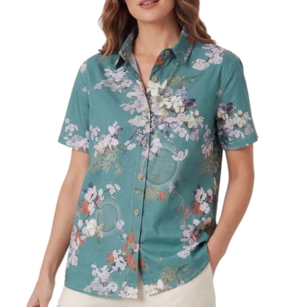 Yiume Hawaiian Floral Vacation Shirt Sz L Teal Cream